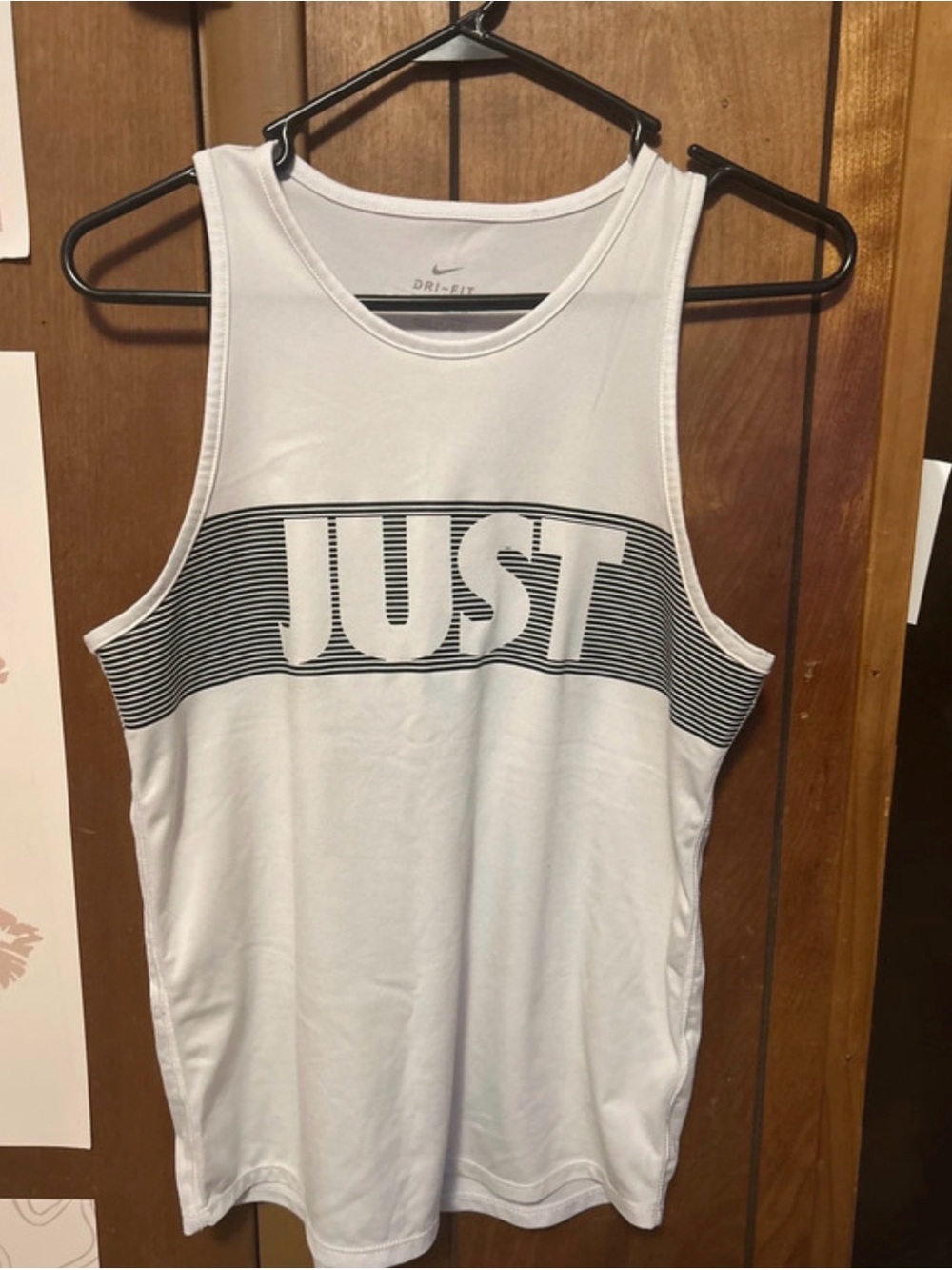 Nike White Tank Top with Black 'JUST' Stripe Graphic